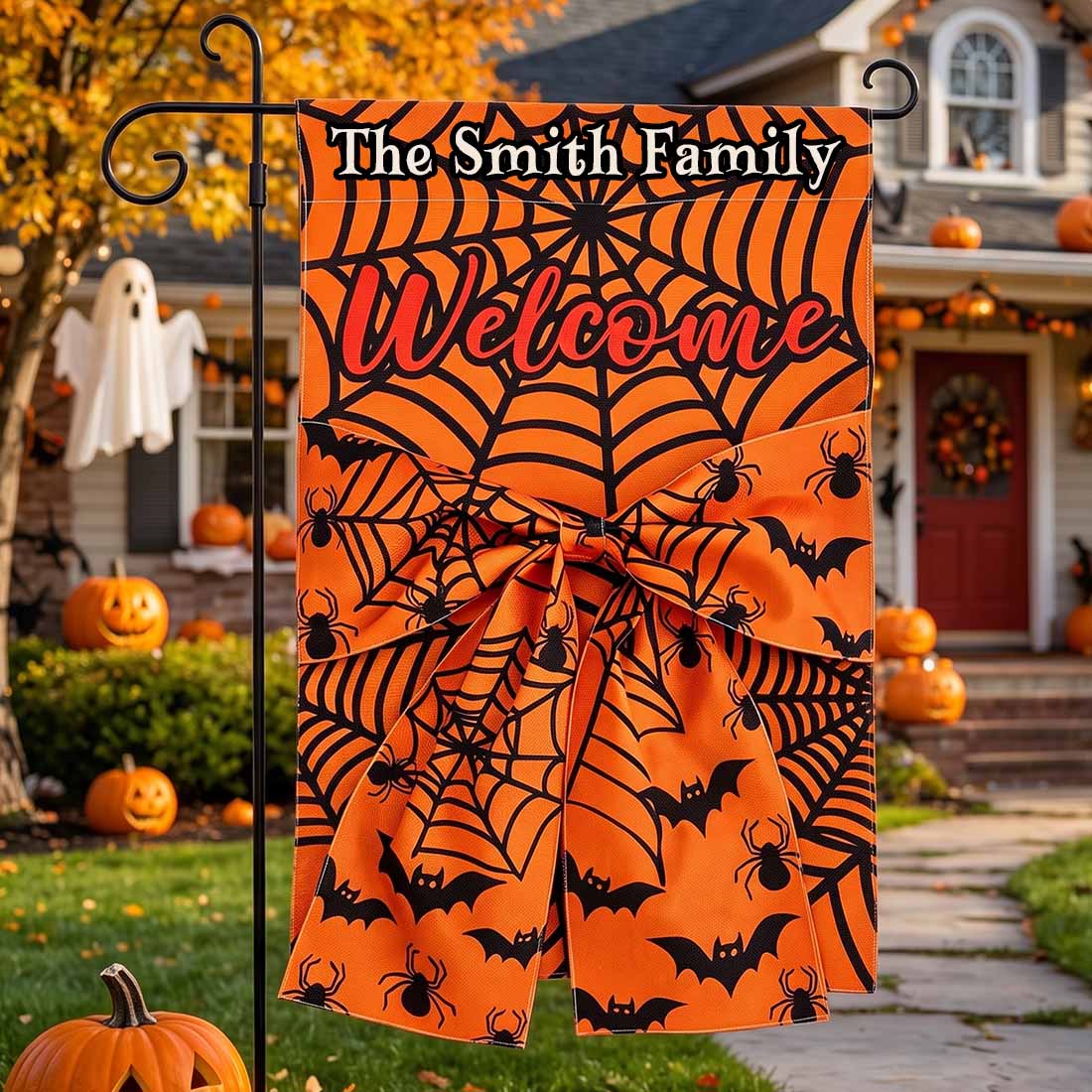 Personalized Halloween Garden Flag Spider Web & Bat Design with Custom Family Name Welcome Yard Decor with 3d Bow