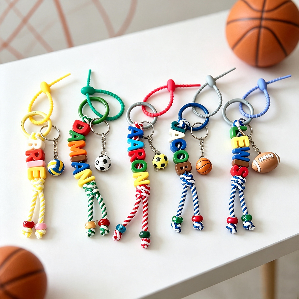 Personalized Sports Beaded Keychain with Name Colorful Diaper Bag Charm Sport Ball Pendant Accessory Birthday Gift for Sport Lover