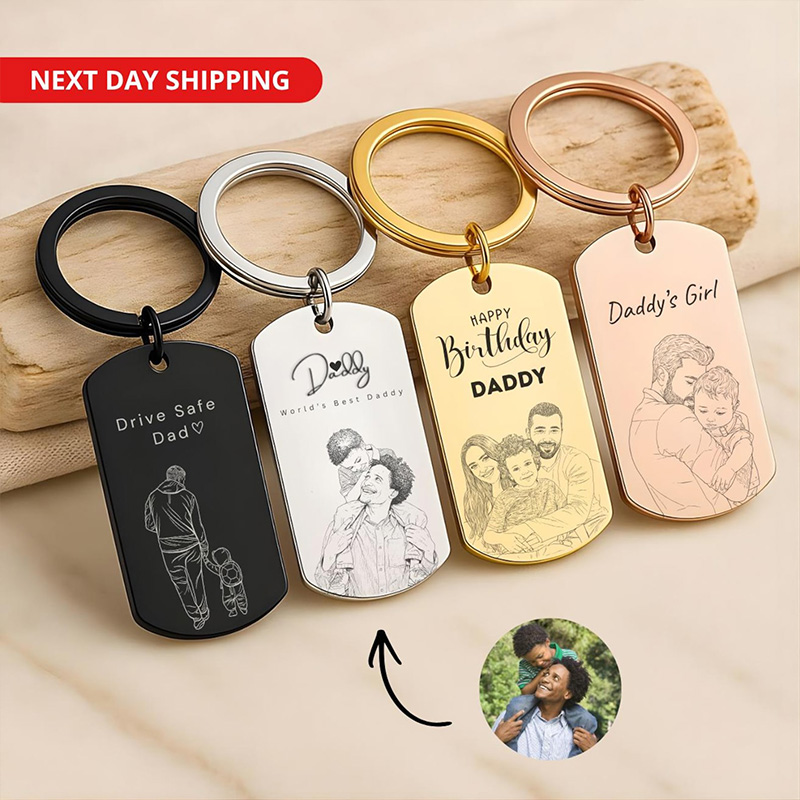 Personalized Photo Keychain Custom Engraved Sketch Keyring for Dad Memorial Stainless Steel Keepsake Birthday Gift for Him