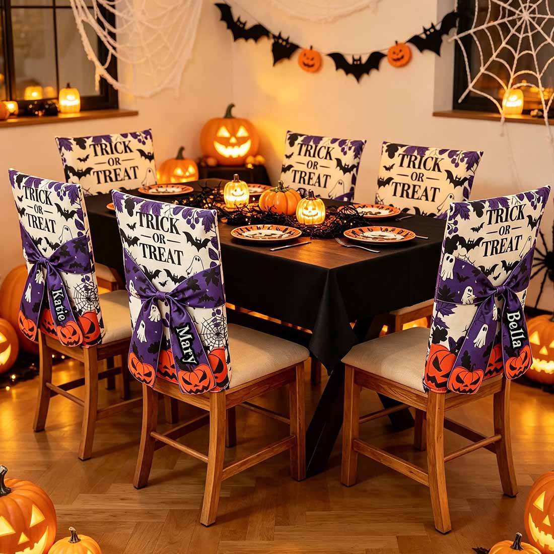 Personalized Trick or Treat Halloween Chair Cover  Ghost Bat & Pumpkin Design with Custom Name 3D Bow Dining Decor Set