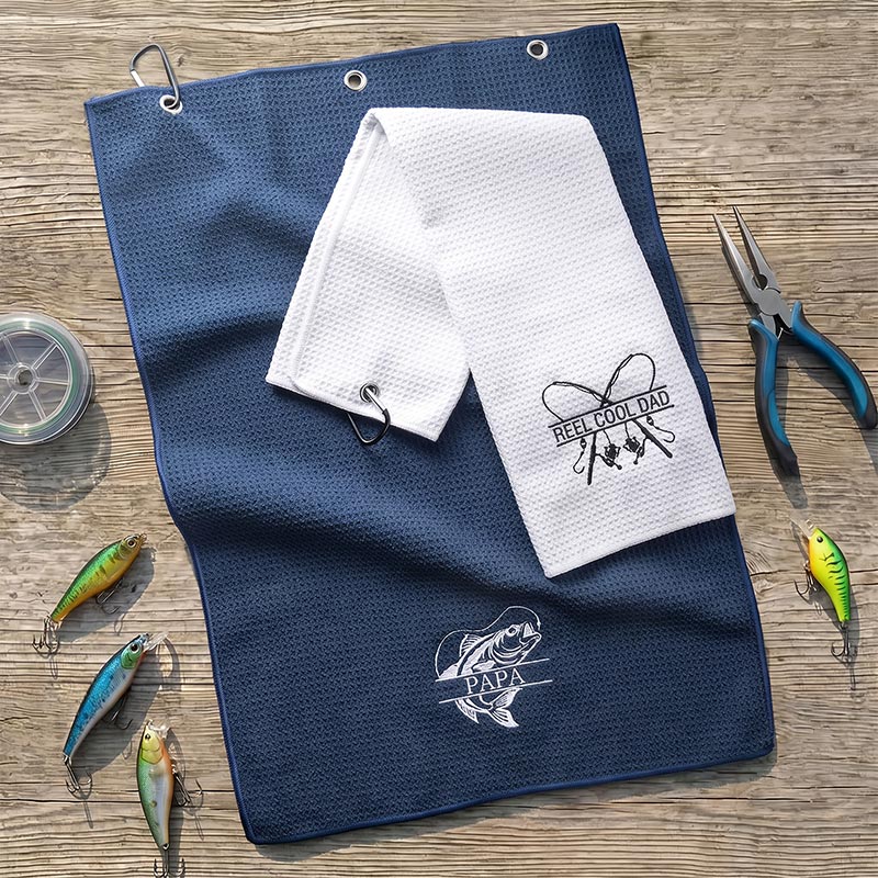 Personalized Dad Fishing Waffle Towel Monogram Embroidery Waffle Towel with Name and Hanging Clip Birthday Gift for Dad Grandpa Fishing Enthusiasts