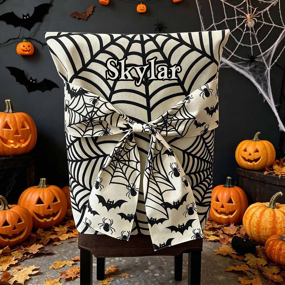 Personalized Halloween Spider Web Chair Cover Orange & Black Bat Design with Custom Name & 3D Bow Dining Party Decor