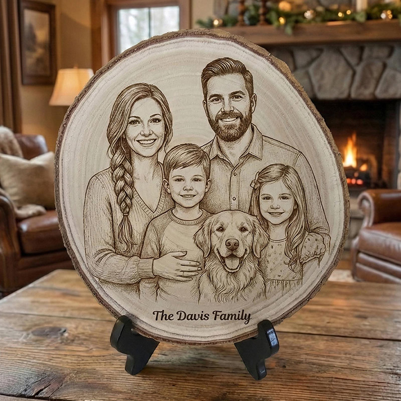 Personalized  Family Portrait Photo Engraved Wood Slice Keepsake Rustic Display Natural Wood Gift Custom Memory Art Home Decoration