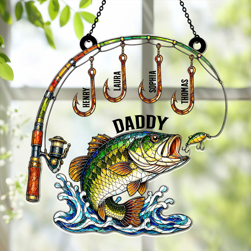 Personalized Fishing Daddy Acrylic Suncatcher with Kids Names Custom Fishing Lover Gift for Dad Grandpa