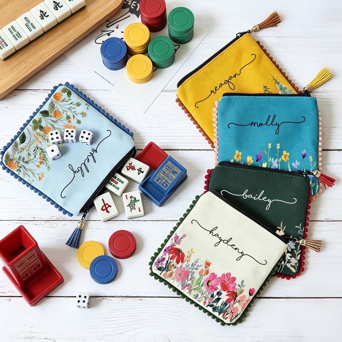 Personalized Birth Flower Dice Bag Custom Name Floral Zipper Pouch with Pom Pom Trim & Tassel  Game Night Gift for Mahjong Board Games & More
