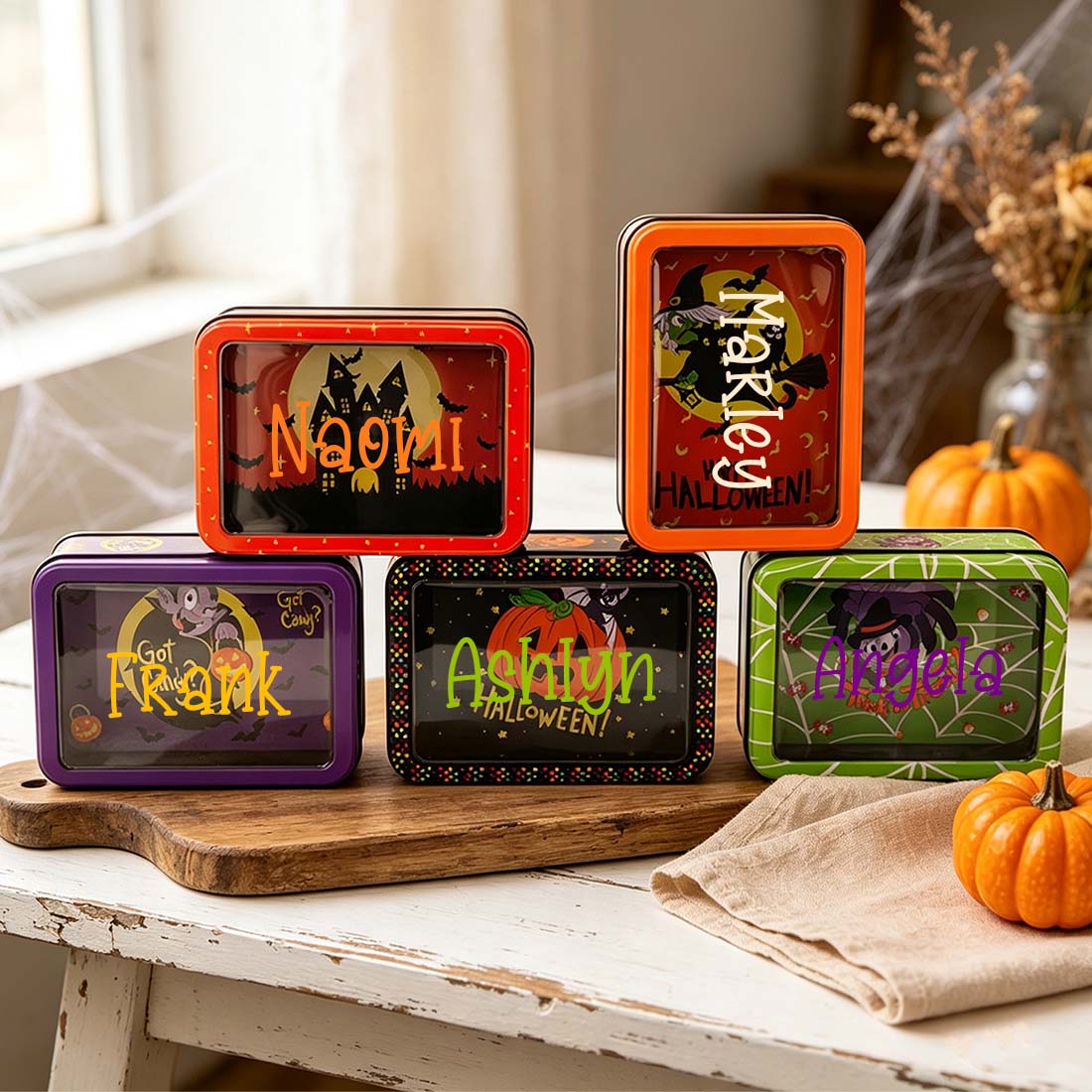 Personalized Halloween Candy Tin Box Custom Name Cookie & Treat Container with Window Lid Spooky Gift Box for Kids