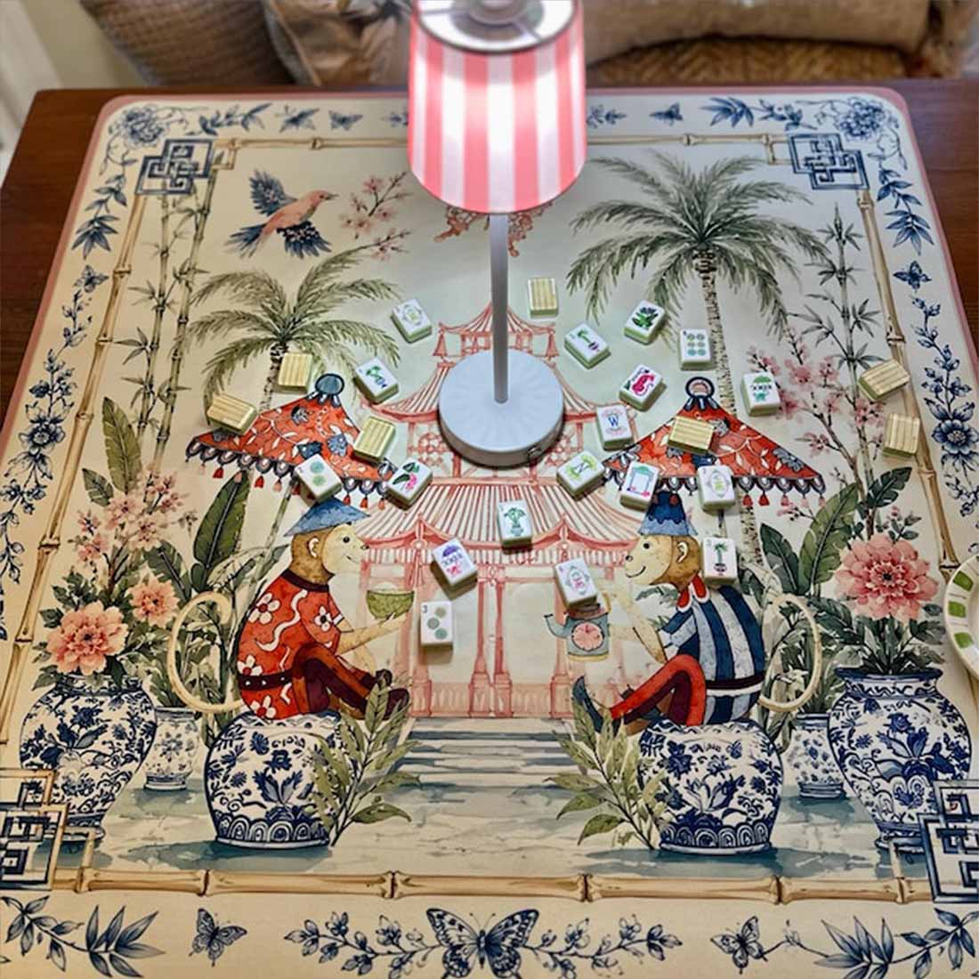 Chinoiserie Monkey Mahjong Mat Pink Pagoda Garden Game Mat Blue White Ginger Jar