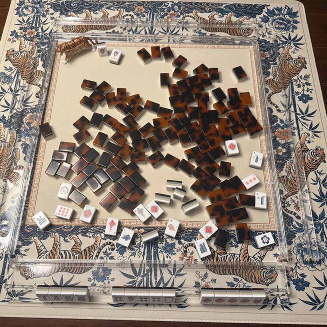Tiger & Peony Mahjong Mat Blue and Gold Chinoiserie Game Mat with Non Slip Rubber Base