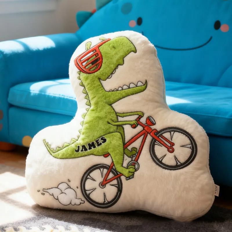 Personalized Dino Rider Bike Pillow Cozy Graphic 3D Print Cool Biker Dino Pillow Name Pillow Comfortable Travel Cushion for Kids Boys Riding Lovers Sale-megacustom