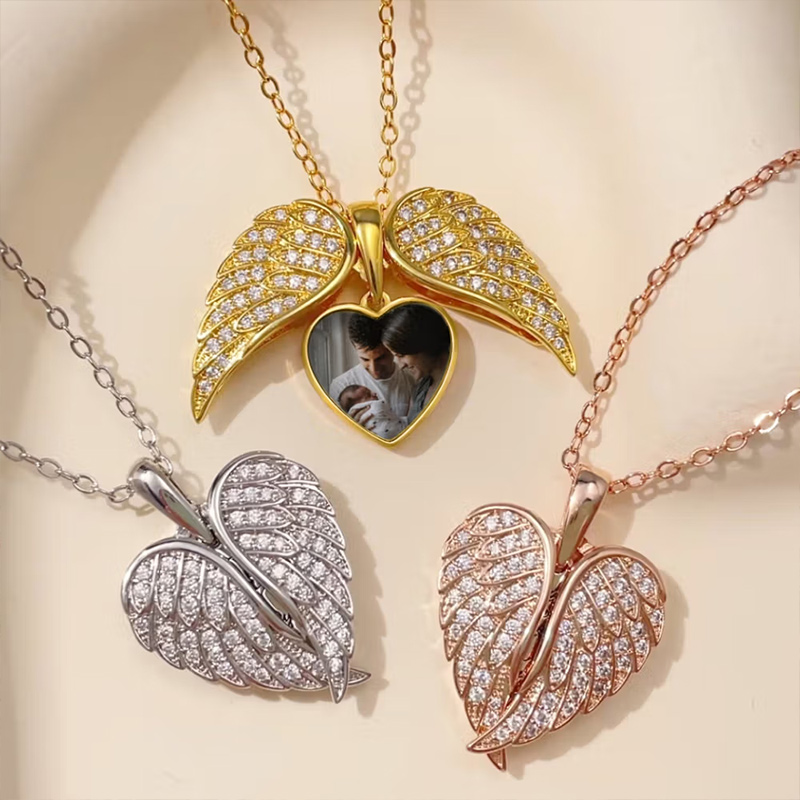 Personalized Angel Wing Photo Locket Necklace My Guardian Angel Always Close to My Heart Necklace with Family Photo Gift for Family