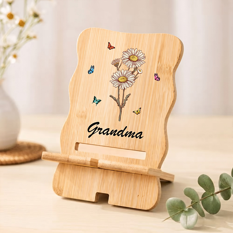 Personalized Retro Birth Flower Butterfly Wooden Phone Holder with Name Custom Grandma Mom Phone Holder Office Home Daily Use Birthday Gift for Family