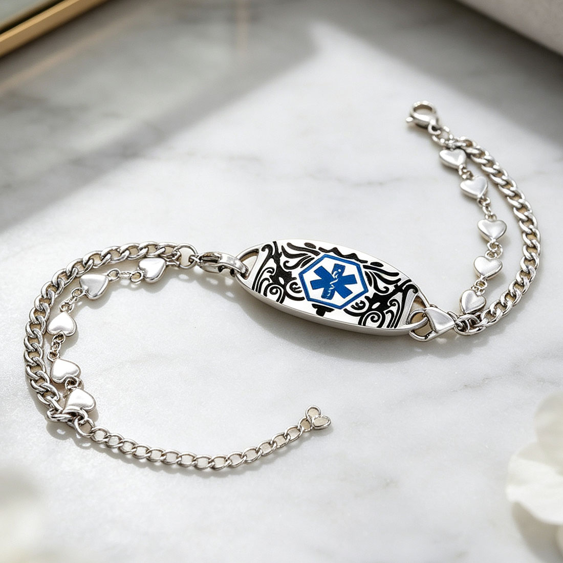 Personalized Adjustable Medical Alert ID Emergency Multi-Layer Bracelet with Engraved Text Gift for Allergy Diabetic Women
