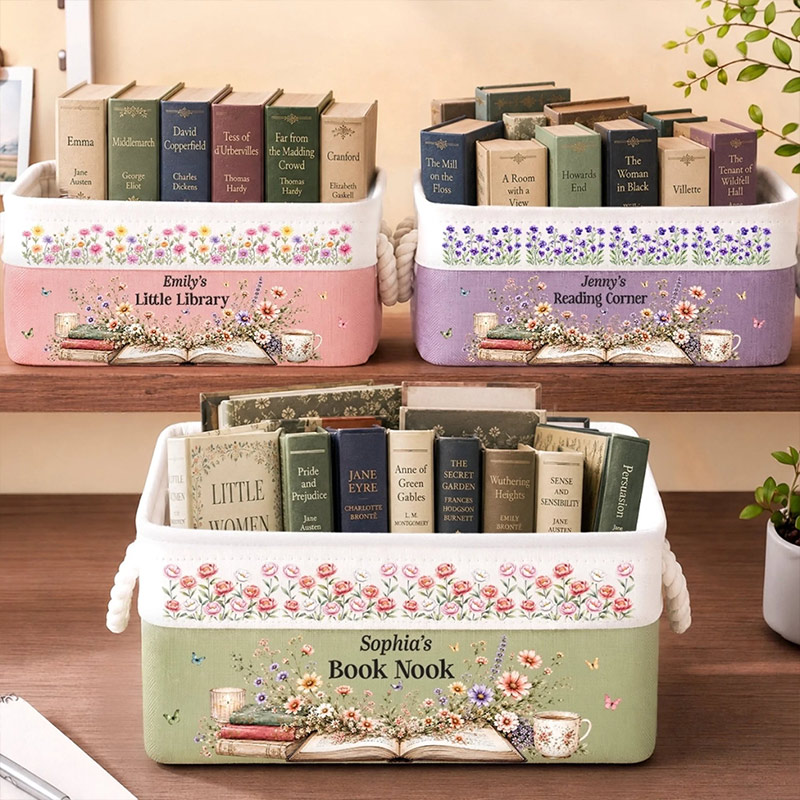 Personalized Book Storage Basket Custom Birth Flower Book Basket With Name Bookish Gifts For Book Lovers Bookworms Happiness Is A Full Bookshelf
