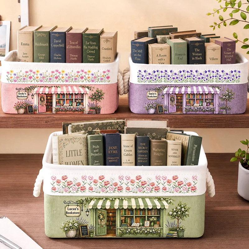 Personalized Birth Flower Book Basket With Name Custom Floral Canvas Storage Bin Book Lover Decor Organizing Basket Gift For Librarian