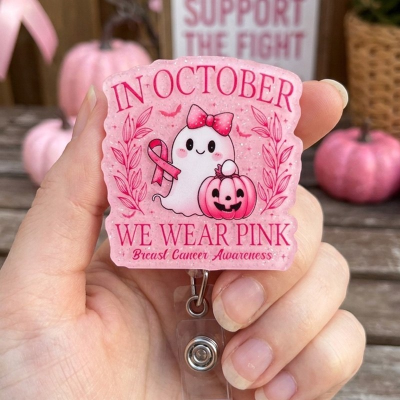 Personalized Breast Cancer Awareness Pin Cute Ghost In October We Wear Pink Support Ribbon Accessory