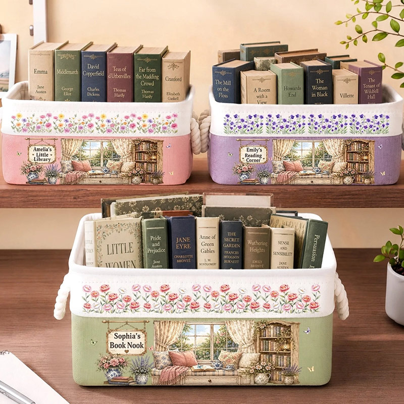 Personalized Birth Flower Book Storage Basket with Name Custom Bookish Gifts For Book Lovers Bookworms Readers Where Peonies And Books Greet You