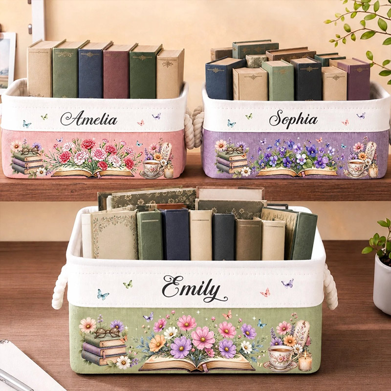 Personalized Birth Flower Book Basket With Name Custom Floral Canvas Storage Bin Book Lovers Gift Organizing Basket Gift For Librarian