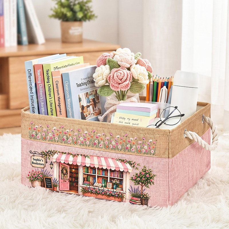 Personalized Birth Flower Book Basket With Name Floral Canvas Storage Bin Book Lover Decor Personalized Organizing Basket Gift For Librarian