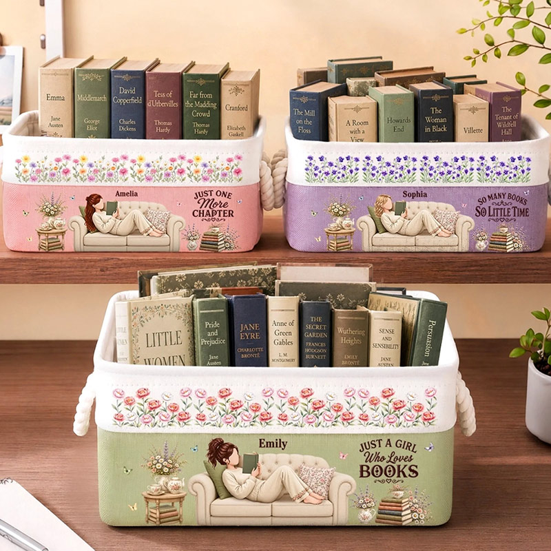 Personalized Book Storage Basket with Birth Flower Custom Name Organizing Basket Floral Canvas Storage Bin Gift For Book Lovers Librarian