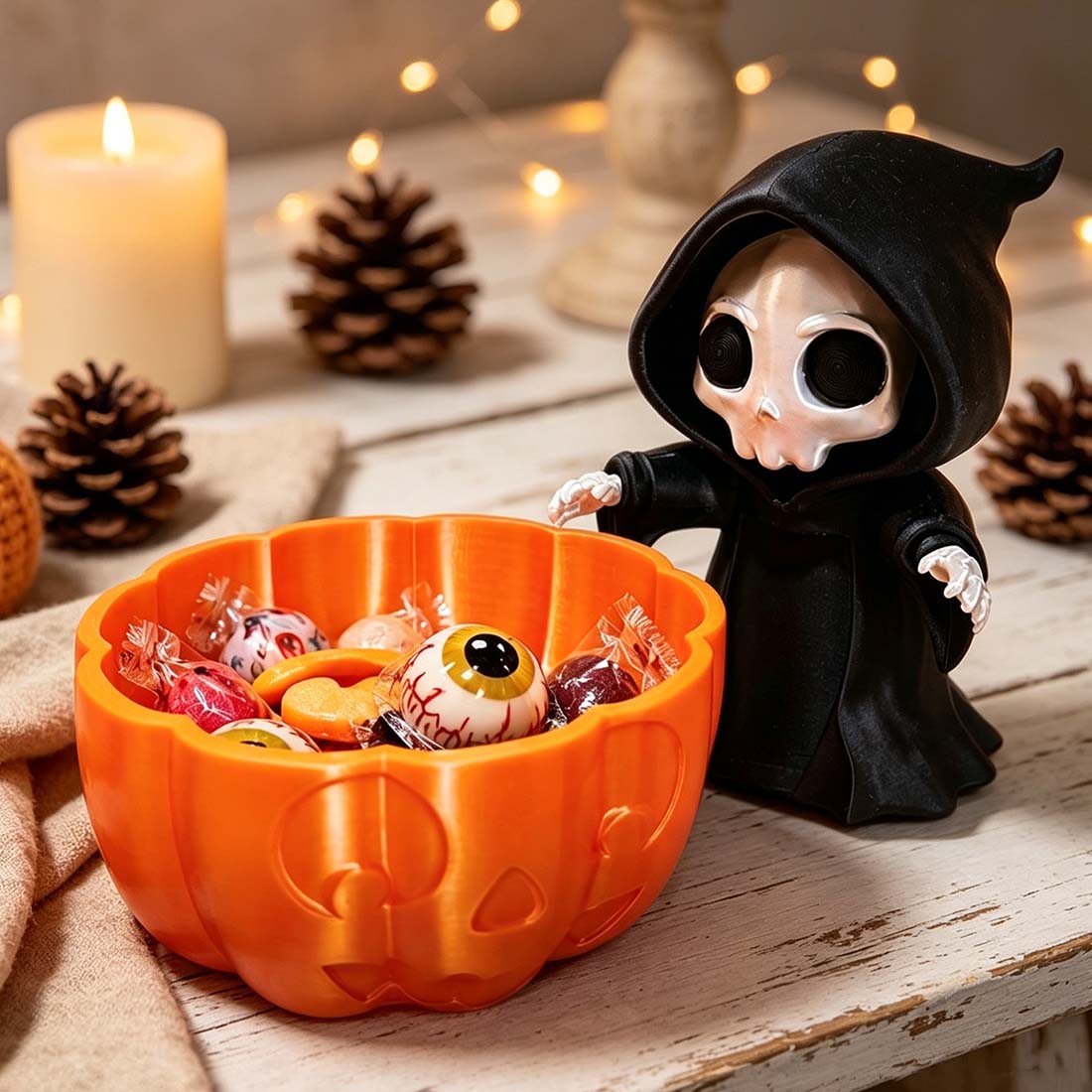 This adorable hooded grim reaper clings to the edge of a carved pumpkin bowl, ready to protect your goodies with the cutest death stare ever. Use it as a candy dish, succulent planter, jewelry tray, or catch-all for keys and coins — one piece, endless spo