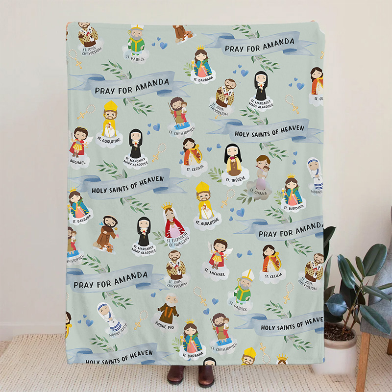 Personalized Holy Saints of Heaven Cartoon Soft Blanket with Name Religion Home Decor Prayer Gift for Kids Catholics