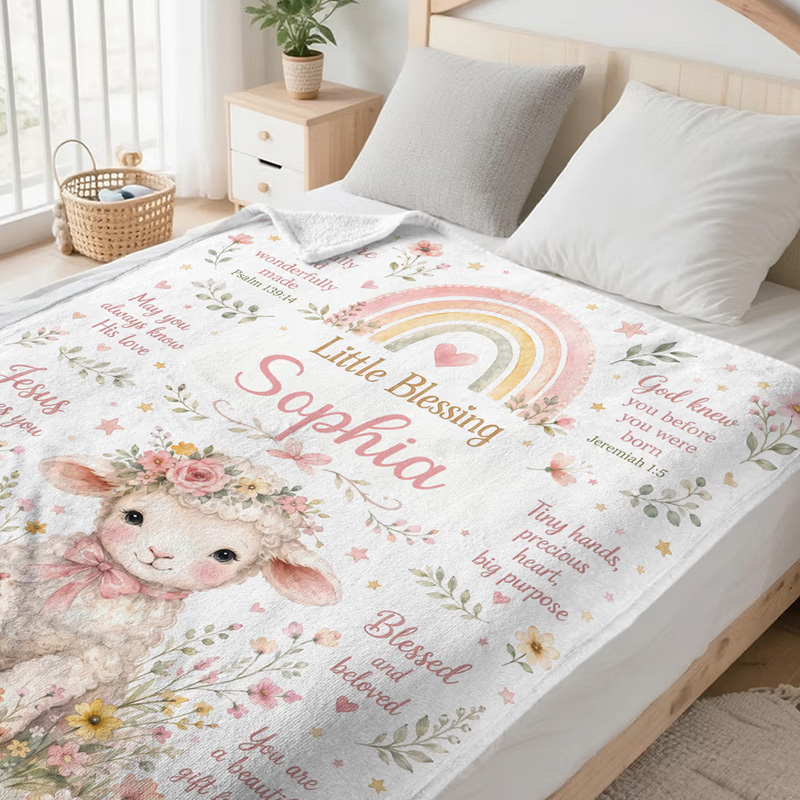 Personalized Flower Lamb Christian Blessing Quotes Soft Warm Throw Blanket with Name Room Decor Baby Shower Baptism Gift for Kid Newborn