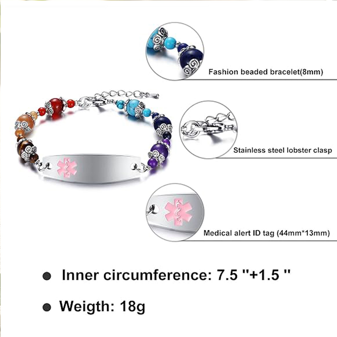 Personalized Colored Chalcedony Medical Emergency Alert ID Beaded Bracelet with Engraved Text and Title Emergency Jewelry Care Gift for Breast Cancer Woman