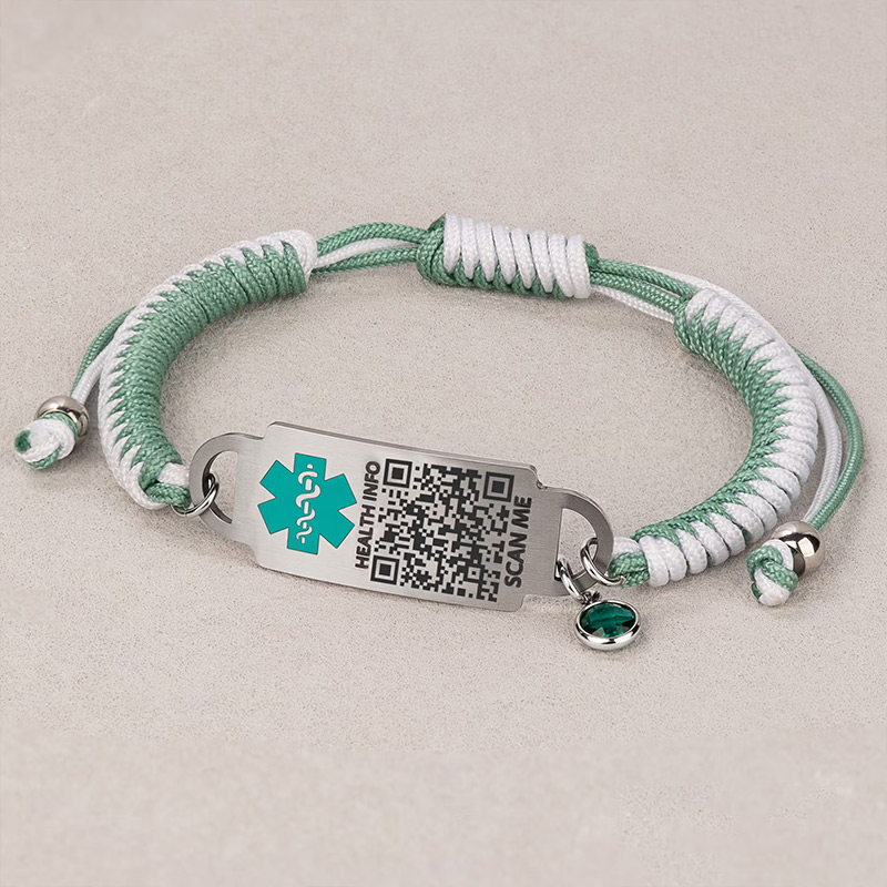 Personalized Adjustable Rope QR Code Medical Alert ID Bracelet with Birthstone and Text Emergency Gift for Diabetes Allergy Epilepsy Patient Family Gift