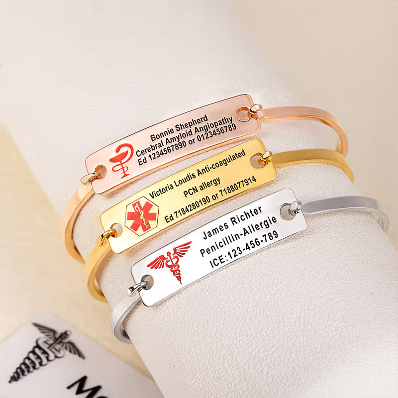Personalized Engraved Star of Life Medical Symbol Emergency Alert ID Bangle Bracelet with Text Gift for Family Friend with Diabetic Allergy Autism