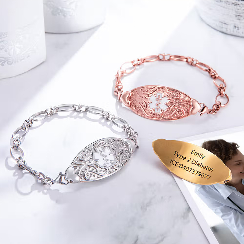 Personalized Star of Life Emergency Medical Alert Detachable ID Tag Bracelet with Engraving Text Mother's Day Birthday Gift for Women
