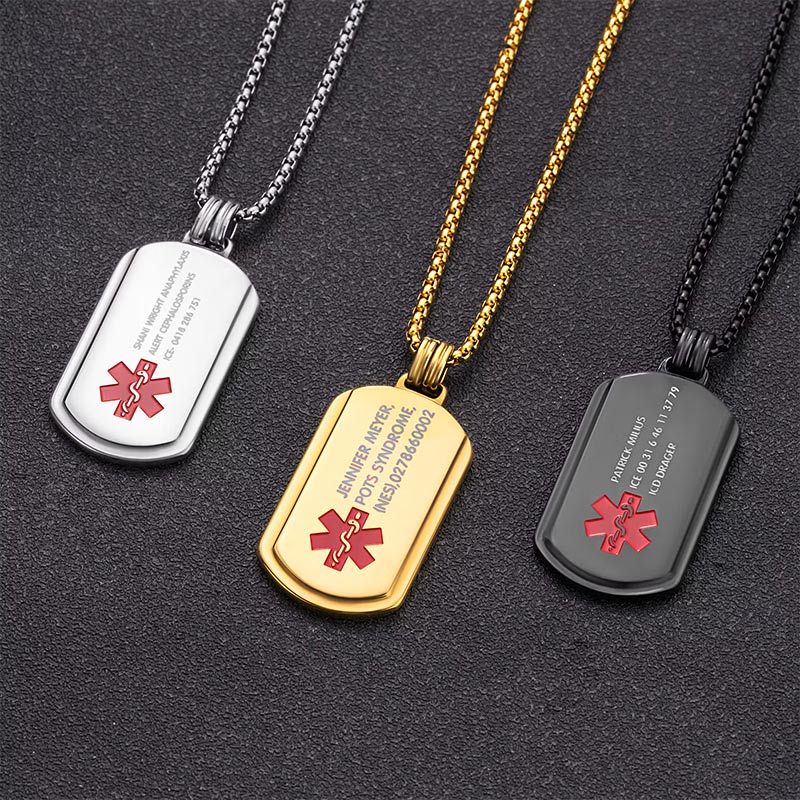 Personalized Identification Medical Alert Symbol ID Tag Necklace with Engraved Texts Emergency Survival Birthday Gift for Family Friends