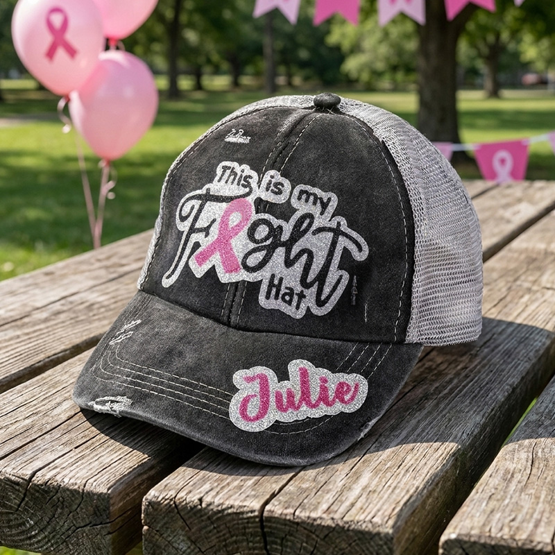 Personalized This is My Fight Hat Glitter Name Baseball Cap with Ribbon Breast Cancer Inspirational Gift for Her