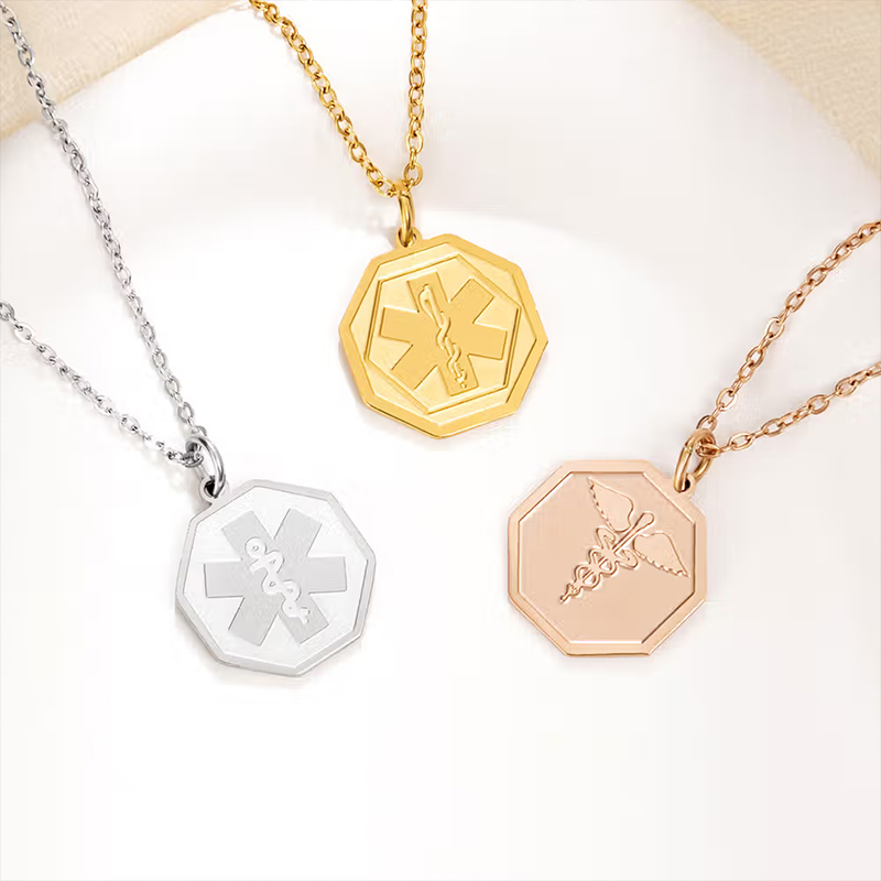 Personalized Engraved Medical Emergency Alert ID Octagon Necklace with Text and Star of Life Gift for Diabetic Allergy Autism Women Men Family Gift