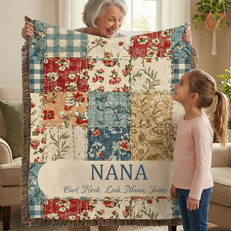 Personalized Vintage Flower Checkered Patchwork Tassel Soft Throw Blanket with Names and Title Mother's Day Birthday Gift for Grandma Mom