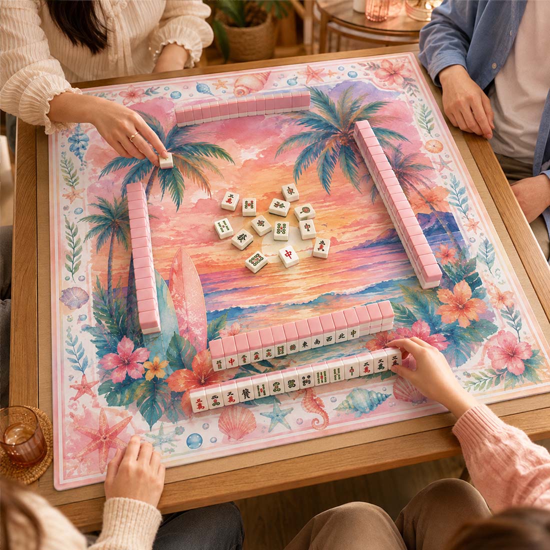 Tropical Sunset Mahjong Mat Watercolor Beach & Palm Tree Design Square Game Table Pad for Mahjong Cards & Board Games