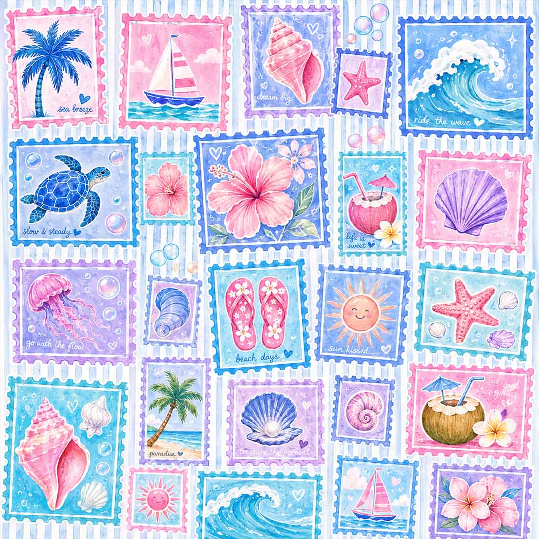 Beach Postage Stamp Mahjong Mat Watercolor Ocean Postcard Collage Design Coastal Game Table Pad for Mahjong Cards & Board Games