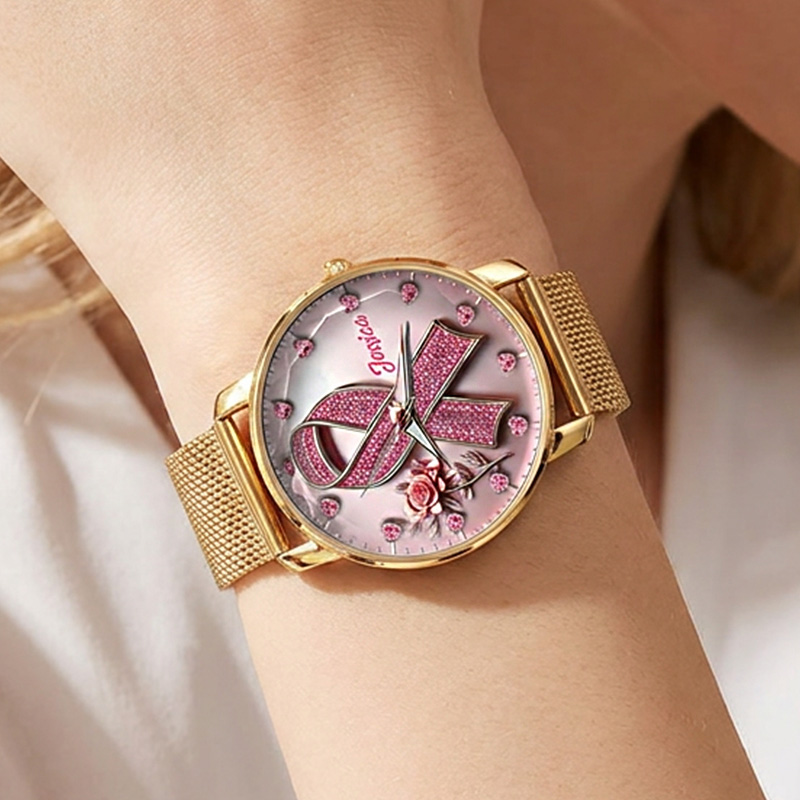 Personalized Breast Cancer Awareness Watch Pink Ribbon Faith Hope Love Gold Mesh Band Elegant Support Timepiece