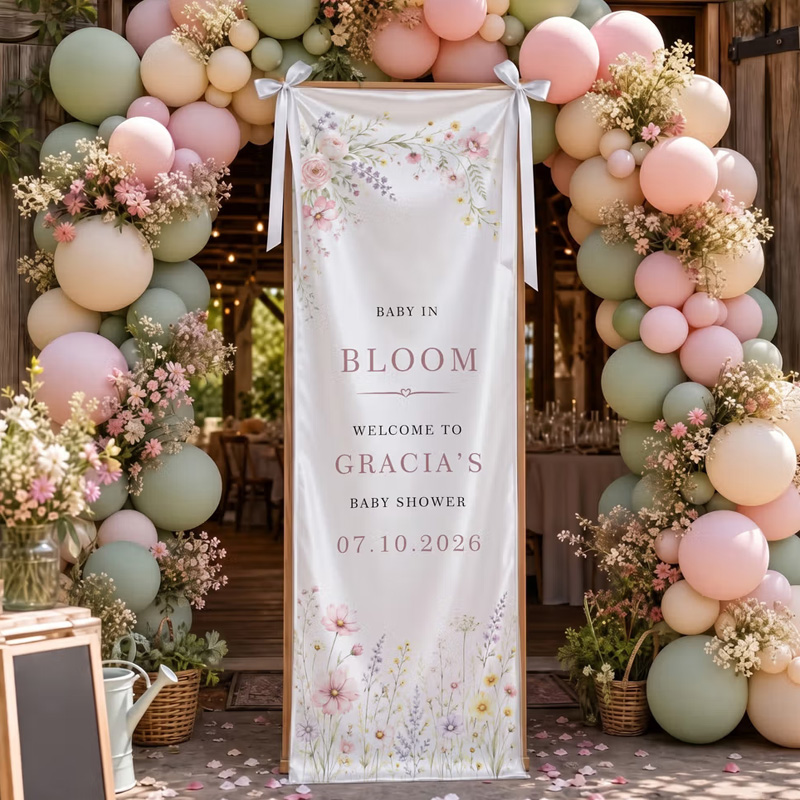 Personalized Wildflower Baby in Bloom Bow Welcome Banner with Name and Date Party Decor Baby Shower Gender Reveal Gift for Expecting Mom
