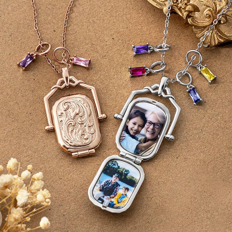Personalized Antique Victorian Locket Birthstone Necklace with Photo and Text Dainty Jewelry Memorial Birthday Gift for Mom Grandma