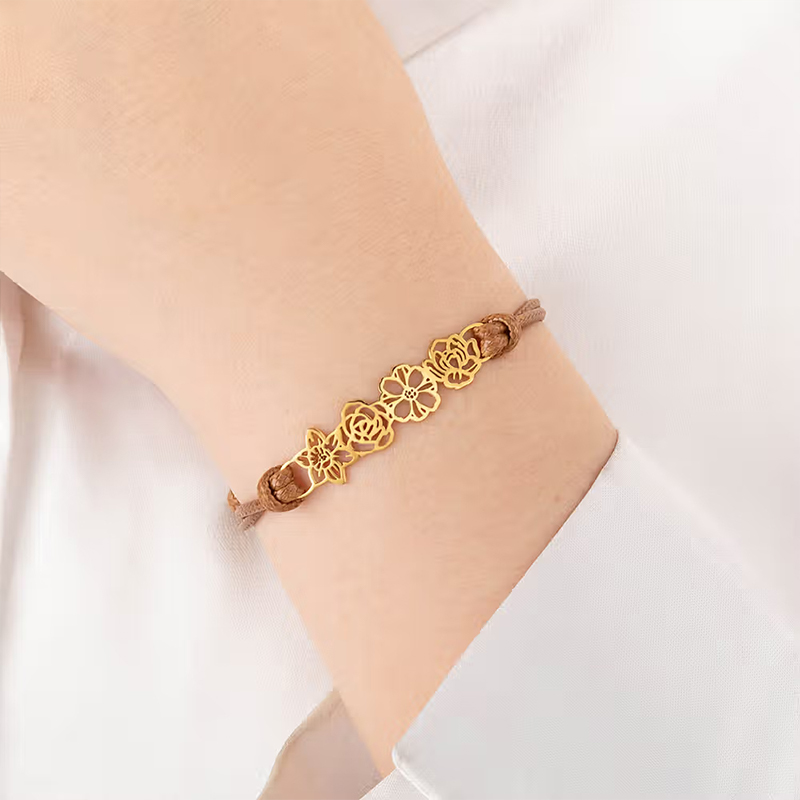 Personalized Minimalist Adjustable 1-8 Birth Flower Waxed Line Bracelet Charm Jewelry Birthday Mother's Day Christmas Gift for Family Mom Grandma Gift