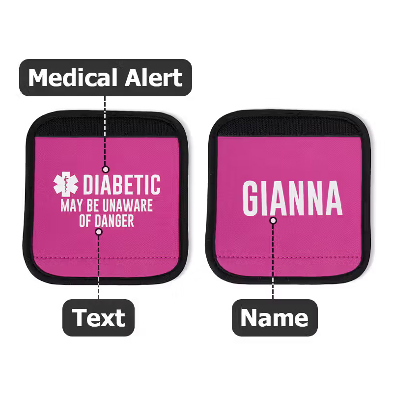 Personalized Multicolor Emergency Alert Carseat Straps with Name and Text Set of 2 Birthday Caring Gift for Allergy Autism Kids Family