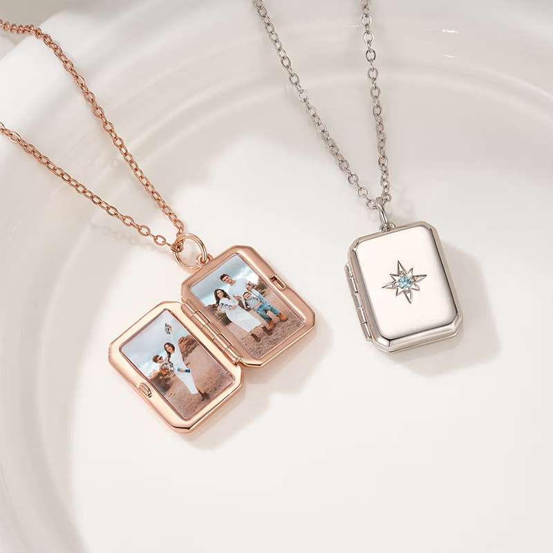 Personalized Birthstone Photo Necklace with Text Anniversary Birthday Gift for Mom Dad Family