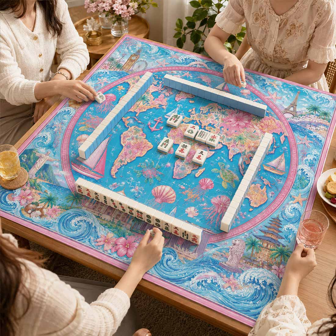 Around the World Mahjong Mat Watercolor Globe & Landmark Design with Floral Map Luxury Square Game Table Pad for Mahjong & Cards