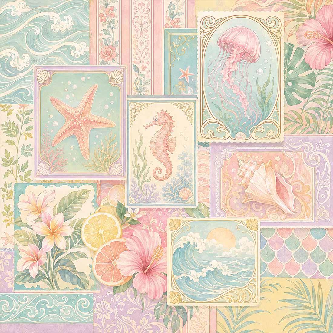 Coastal Gallery Mahjong Mat Vintage Frame Ocean Collage in Pastel Watercolor