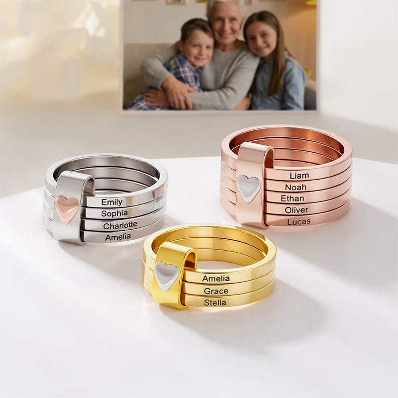 Personalized Sterling Silver Name Stacking Rings Custom Engraved 2-5 Bands with Heart Accent, Daily Wear Jewelry for Mom Grandma
