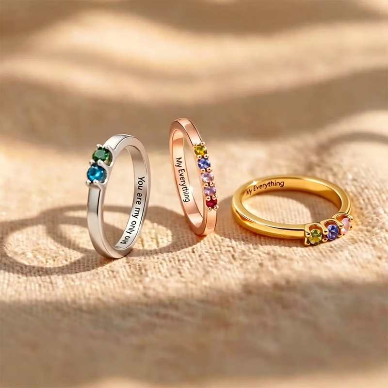 Personalized Elegant 1-8 Birthstones Ring with Engraved Text Custom Birthday Mother's Day Gift for Mom Grandma