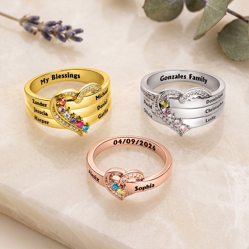Personalized 1-8 Birthstones Heart Design Ring with Engraved Names Custom Family Jewelry Birthday Mother's Day Gift for Mom Grandma
