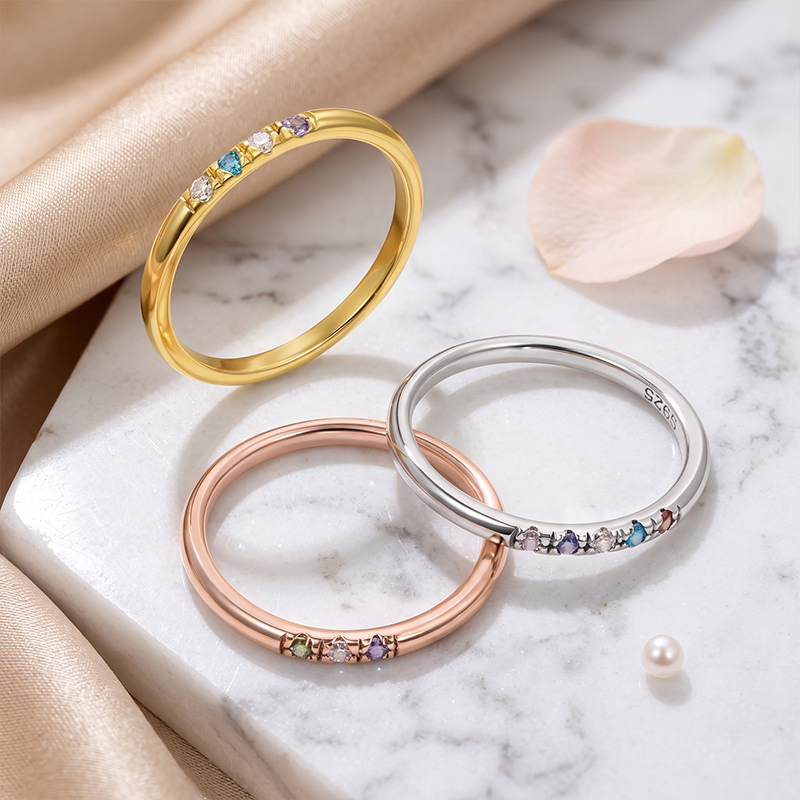 Personalized Dainty 1-13 Family Birthstones Ring Custom Minimalist Jewelry Mother's Day Birthday Gift for Mom Grandma
