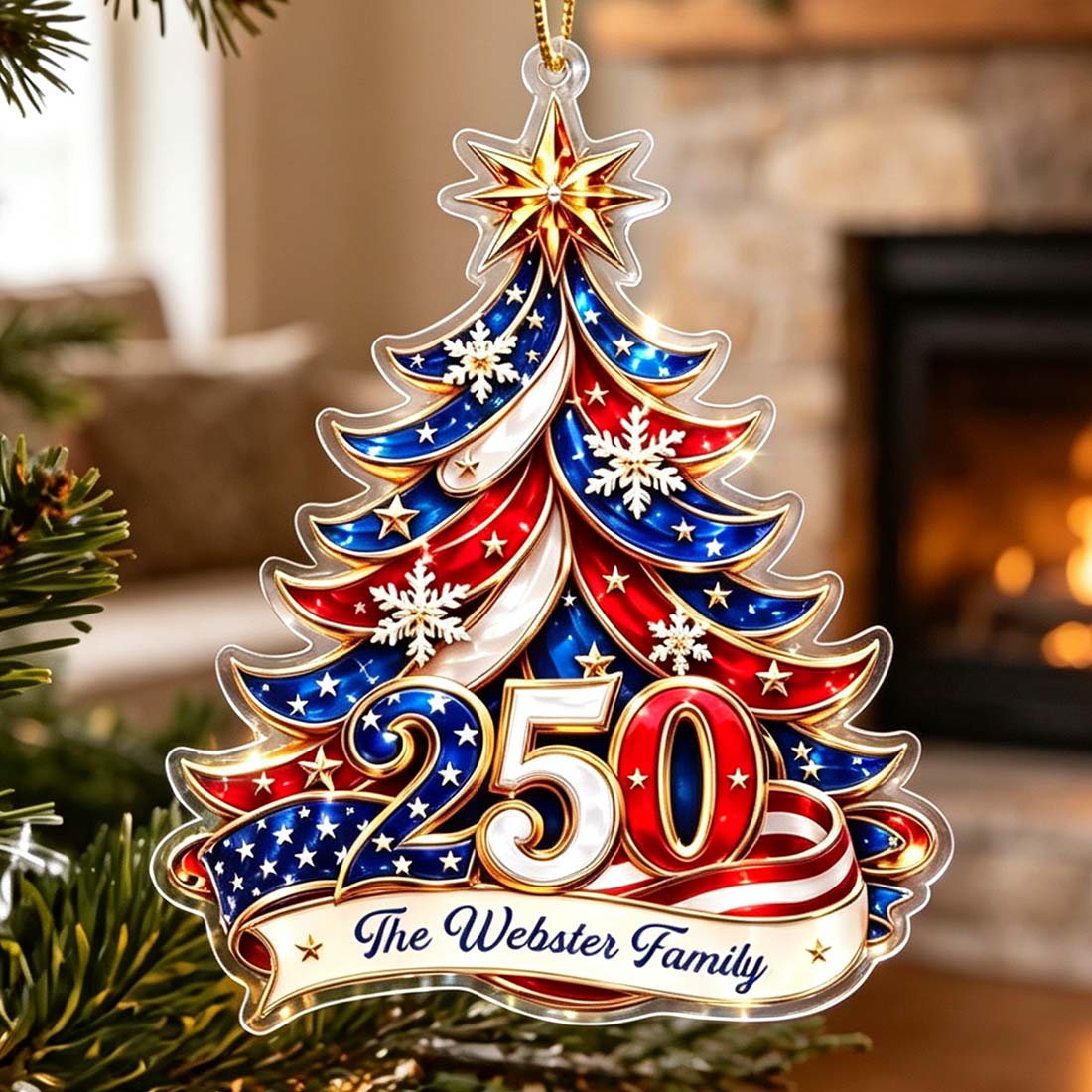 Personalized 250th America Star Snowflake Acrylic Christmas Tree Ornament with Name