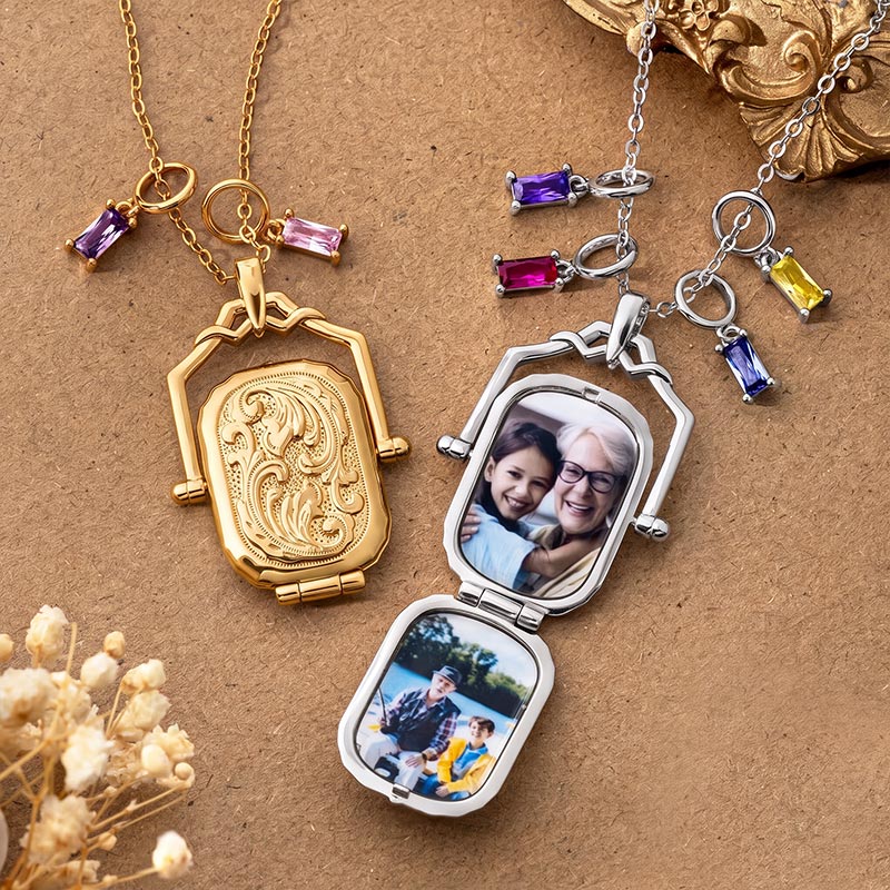 Personalized Antique Victorian Locket Birthstone Necklace with Photo and Text Dainty Jewelry Memorial Birthday Gift for Mom Grandma